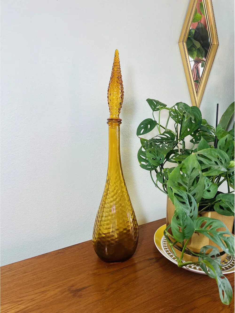 Vintage Rare Mid Century Amber Glass Empoli Genie Decanter 22” Italy MCM Glass